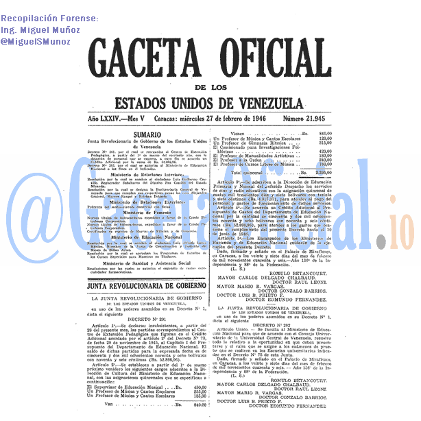 Gaceta Oficial 21945 del 27 Febrero 1946