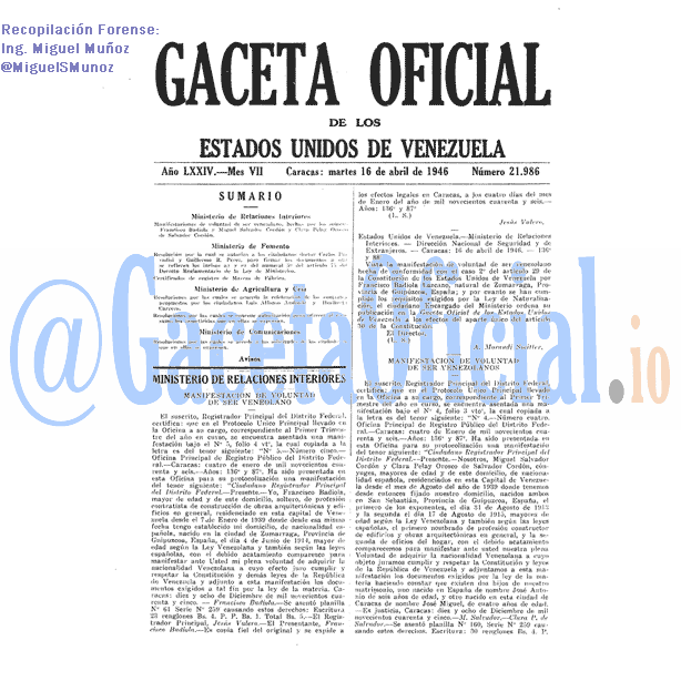 Gaceta Oficial 21986 del 16 Abril 1946