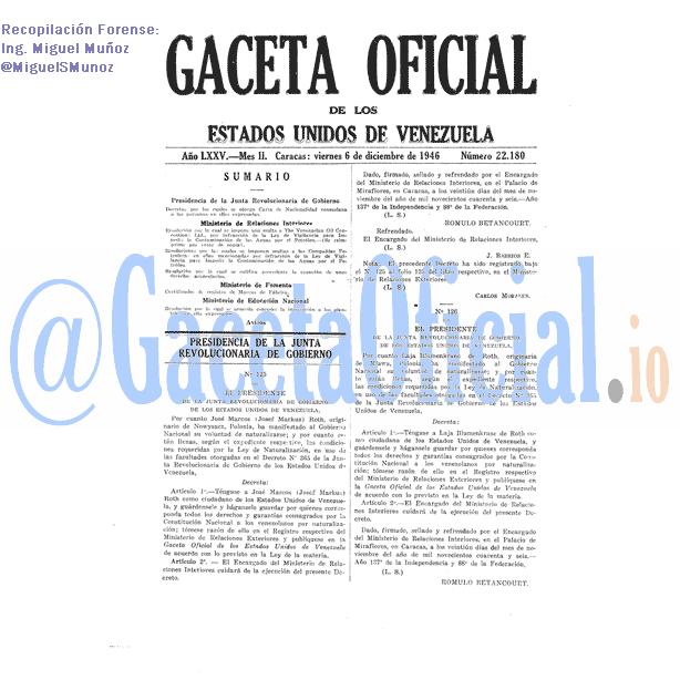 Gaceta Oficial 22180 del 6 Diciembre 1946