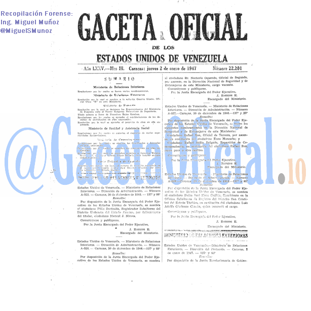 Gaceta Oficial 22201 del 2 Enero 1947