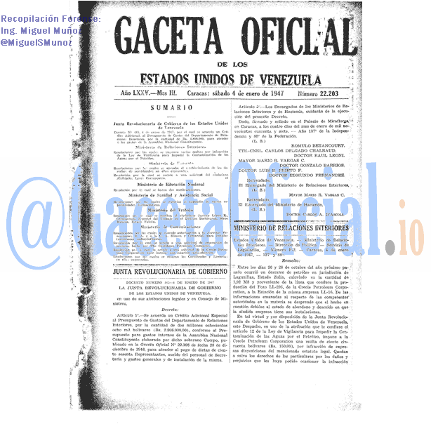 Gaceta Oficial 22203 del 4 Enero 1947
