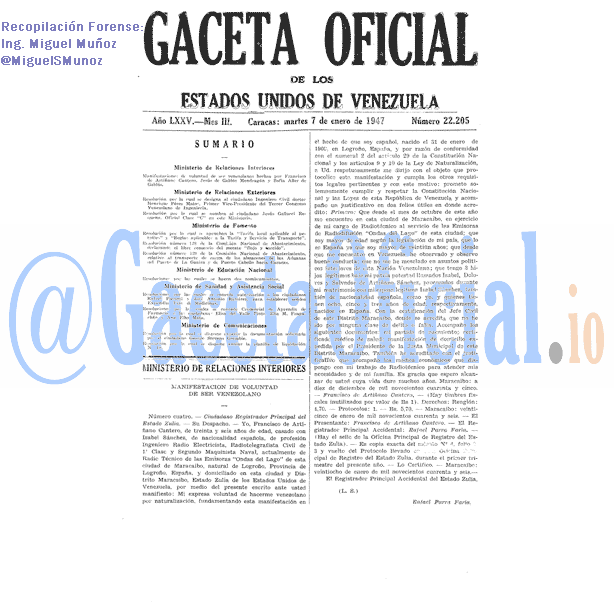 Gaceta Oficial 22205 del 7 Enero 1947