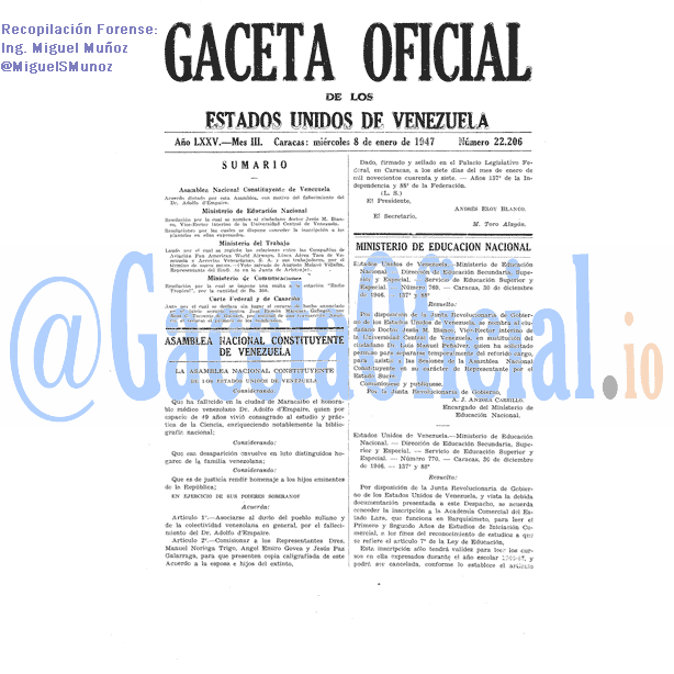 Gaceta Oficial 22206 del 8 Enero 1947