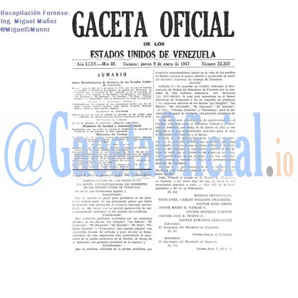 Gaceta Oficial 22207 del 9 Enero 1947