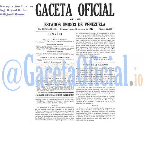Gaceta Oficial 22208 del 10 Enero 1947