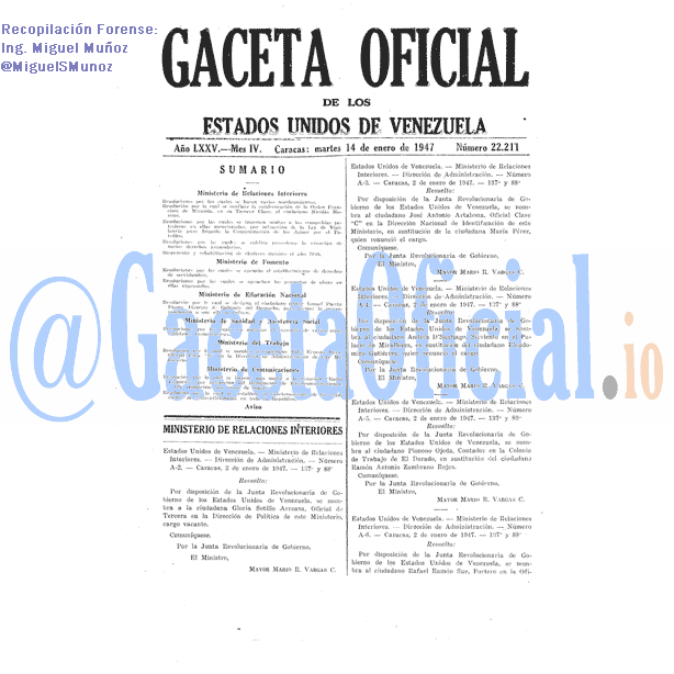 Gaceta Oficial 22211 del 14 Enero 1947
