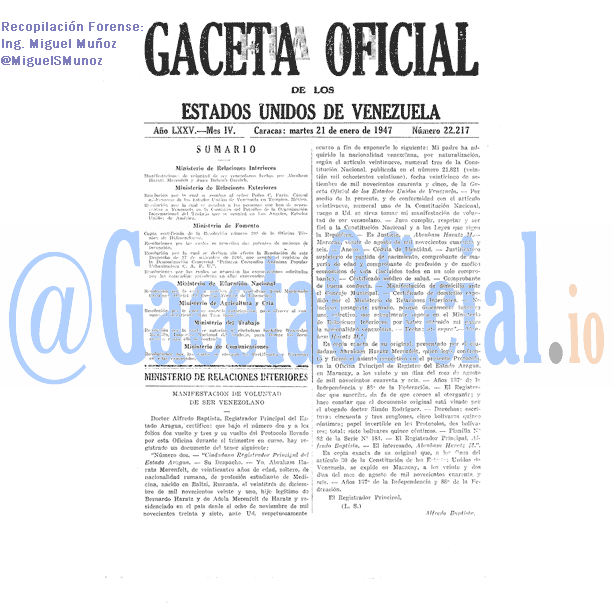 Gaceta Oficial 22217 del 21 Enero 1947