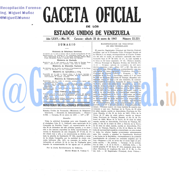 Gaceta Oficial 22221 del 25 Enero 1947