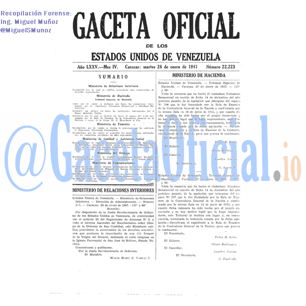Gaceta Oficial 22223 del 28 Enero 1947