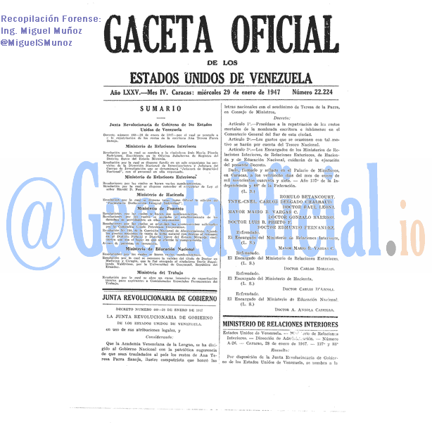 Gaceta Oficial 22224 del 29 Enero 1947
