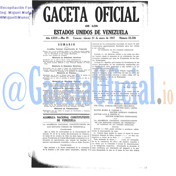 Gaceta Oficial 22226 del 31 Enero 1947