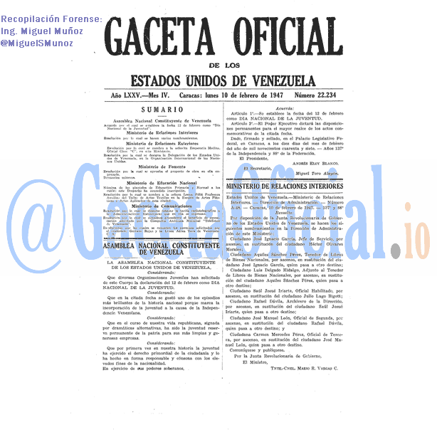 Gaceta Oficial 22234 del 10 Febrero 1947
