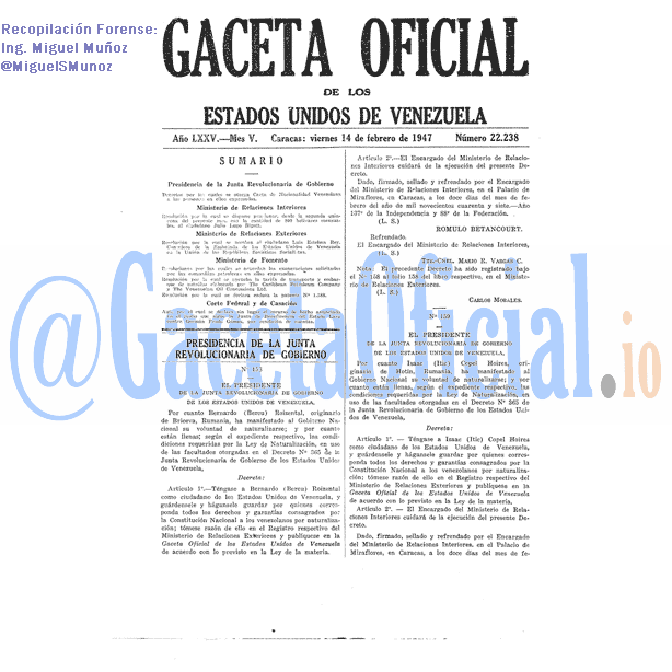 Gaceta Oficial 22238 del 14 Febrero 1947