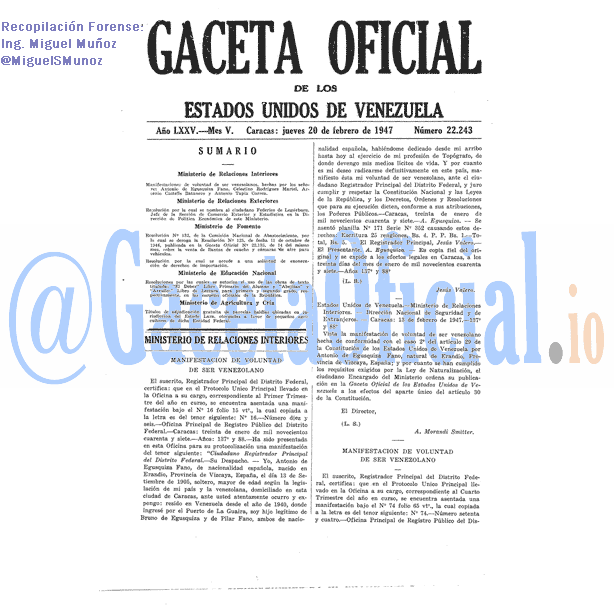 Gaceta Oficial 22243 del 20 Febrero 1947