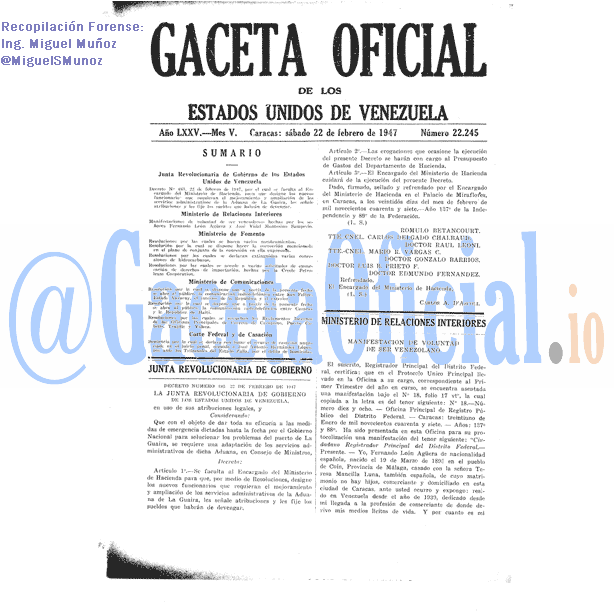Gaceta Oficial 22245 del 22 Febrero 1947