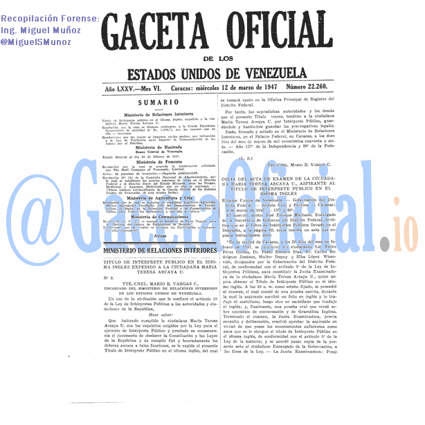 Gaceta Oficial 22260 del 12 Marzo 1947