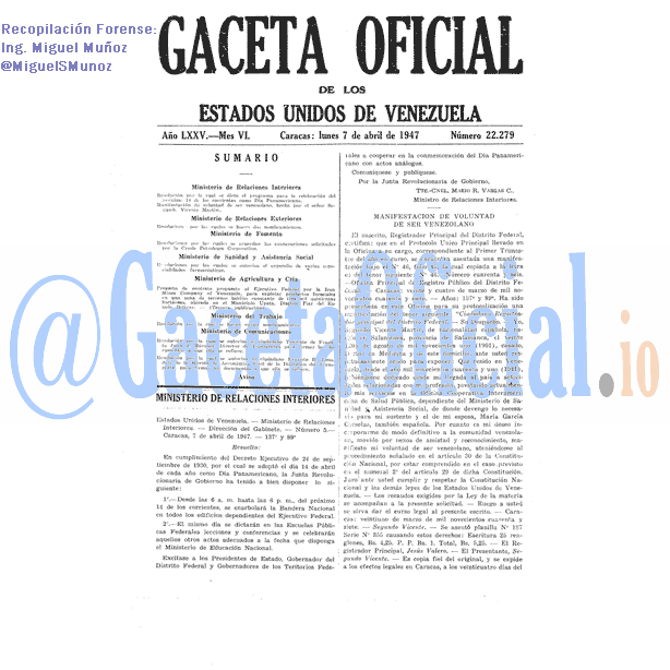 Gaceta Oficial 22279 del 7 Abril 1947