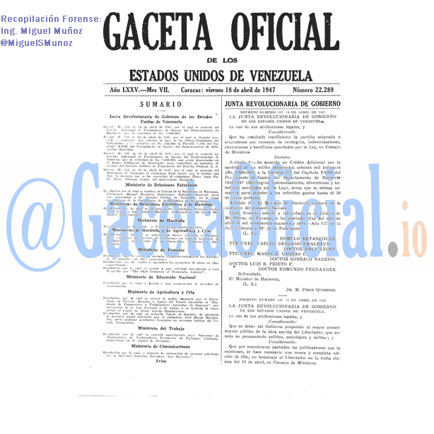 Gaceta Oficial 22289 del 18 Abril 1947