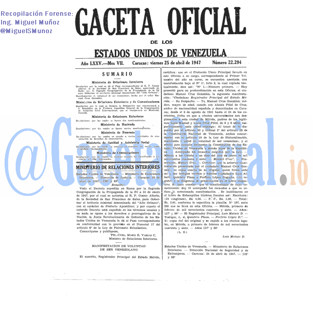 Gaceta Oficial 22294 del 25 Abril 1947