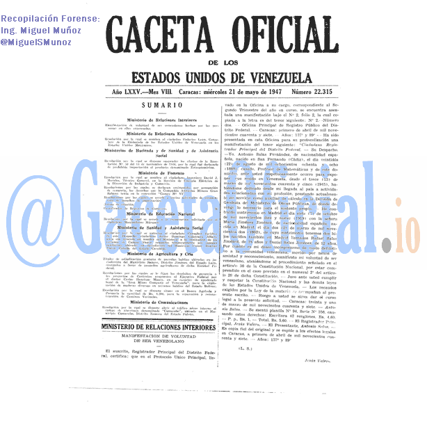 Gaceta Oficial 22315 del 21 Mayo 1947
