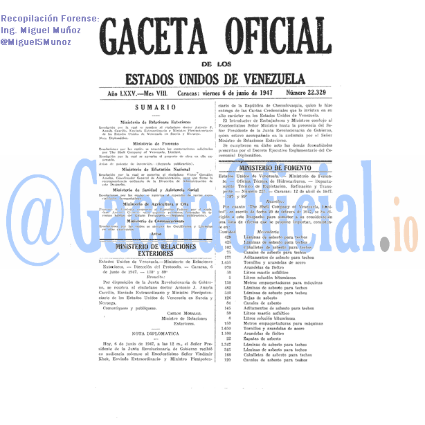 Gaceta Oficial 22329 del 6 Junio 1947