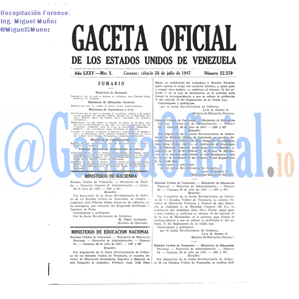 Gaceta Oficial 22370 del 26 Julio 1947