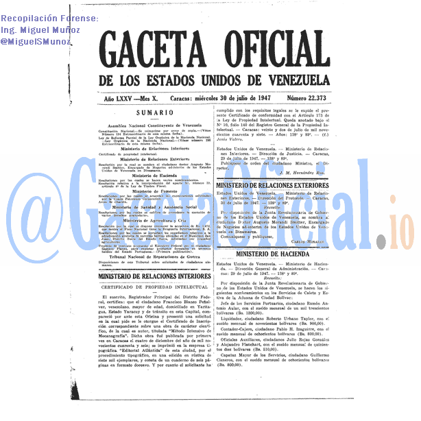 Gaceta Oficial 22373 del 30 Julio 1947