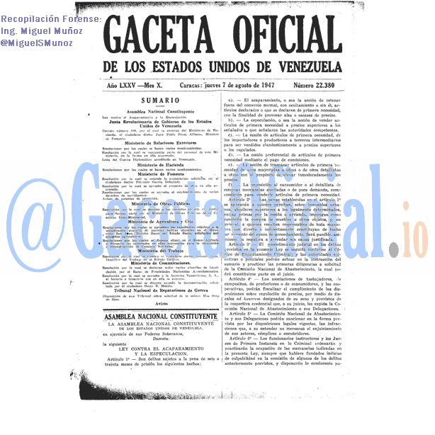 Gaceta Oficial 22380 del 7 Agosto 1947