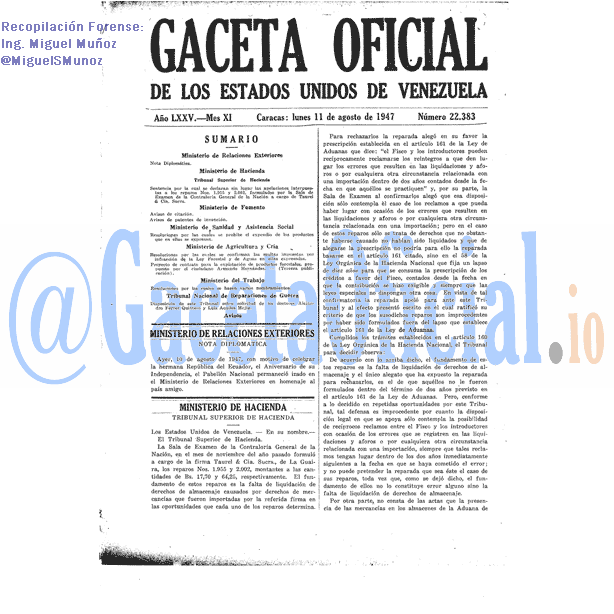 Gaceta Oficial 22383 del 11 Agosto 1947