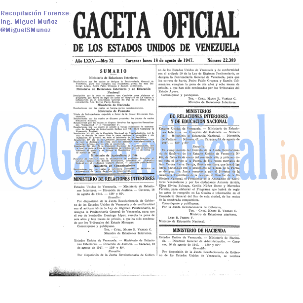 Gaceta Oficial 22389 del 18 Agosto 1947