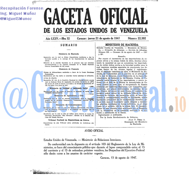 Gaceta Oficial 22392 del 21 Agosto 1947