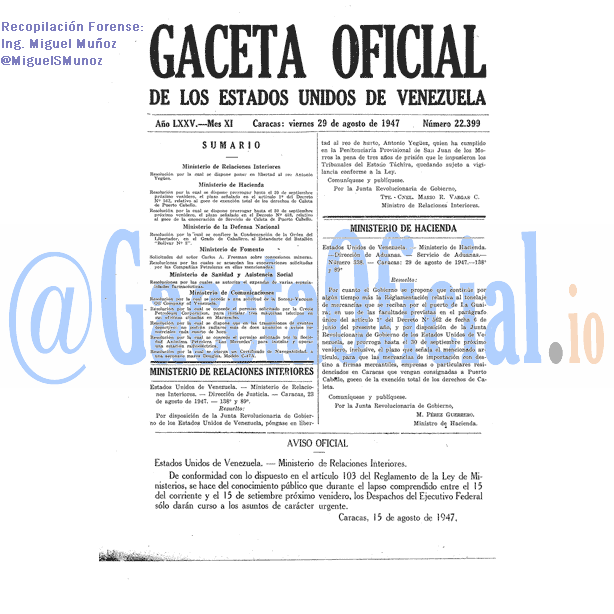 Gaceta Oficial 22399 del 29 Agosto 1947