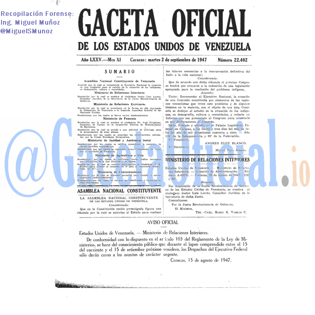 Gaceta Oficial 22402 del 2 Septiembre 1947