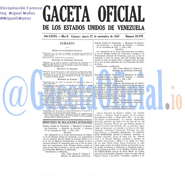 Gaceta Oficial 22476 del 27 Noviembre 1947