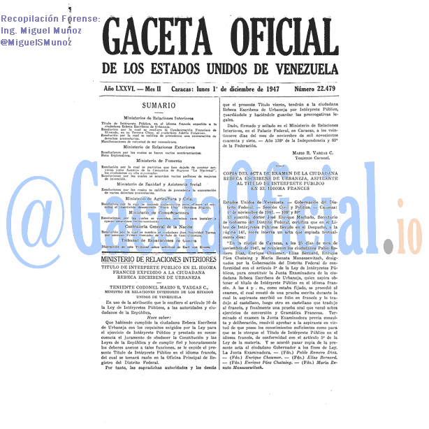 Gaceta Oficial 22479 del 1 Diciembre 1947