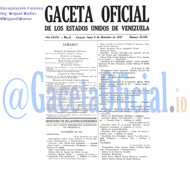 Gaceta Oficial 22485 del 8 Diciembre 1947