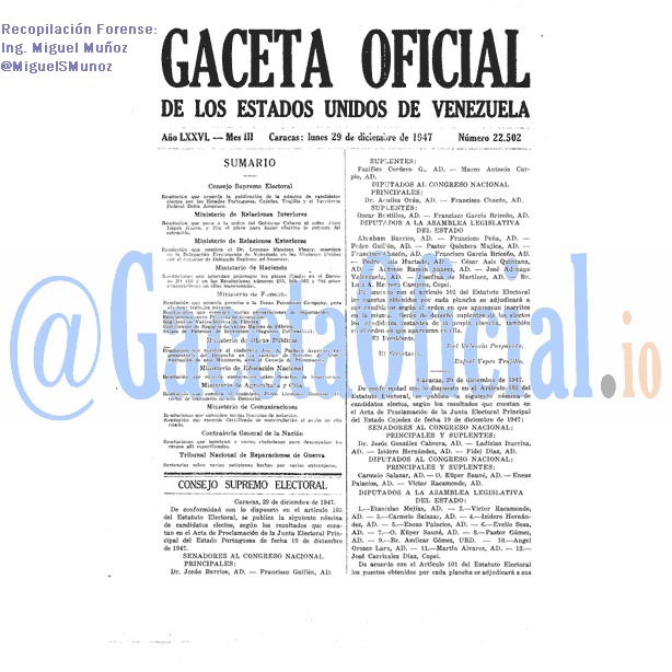 Gaceta Oficial 22502 del 29 Diciembre 1947
