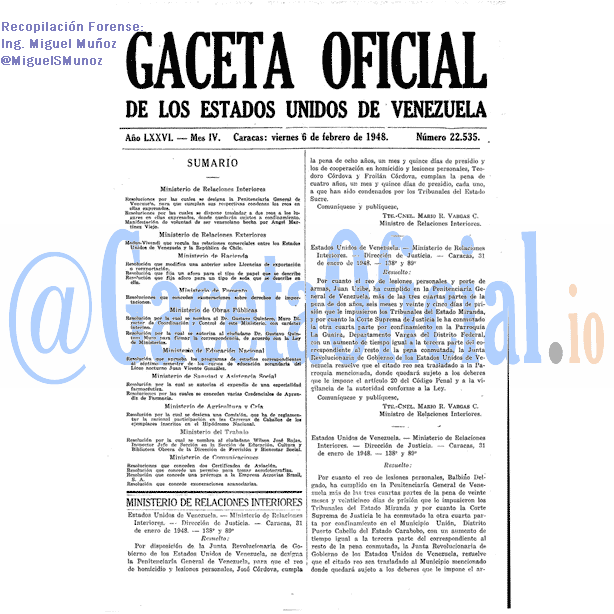 Gaceta Oficial 22535 del 6 Febrero 1948