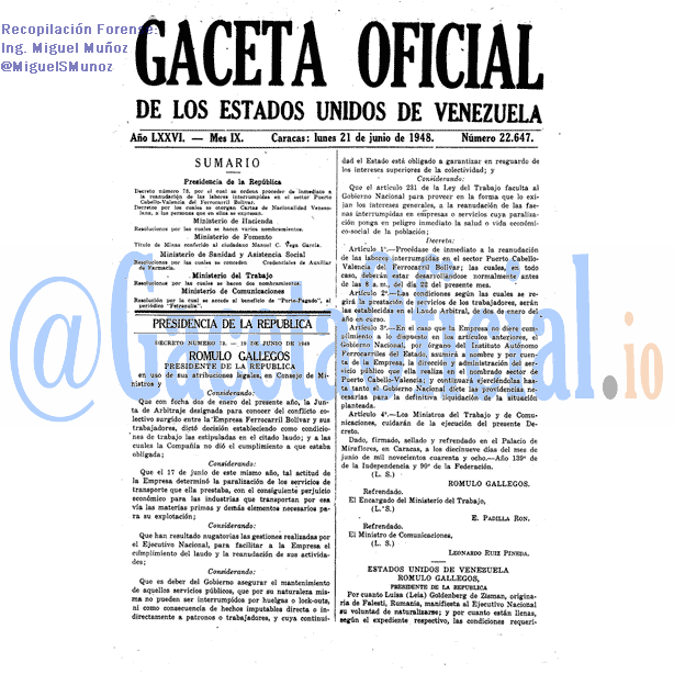 Gaceta Oficial 22647 del 21 Junio 1948