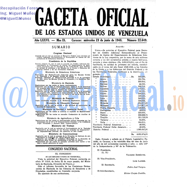 Gaceta Oficial 22649 del 23 Junio 1948