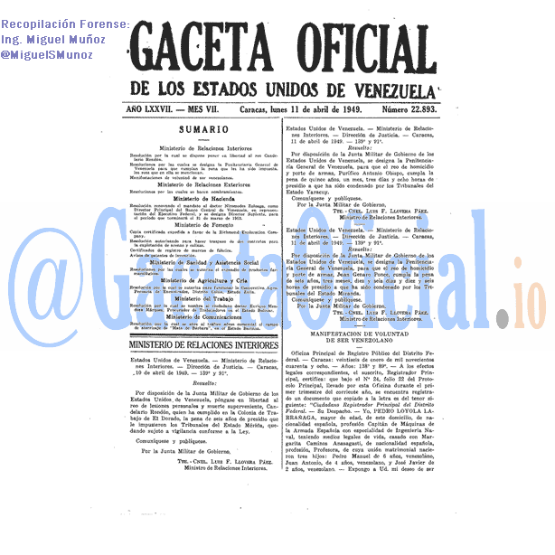 Gaceta Oficial 22893 del 11 Abril 1949