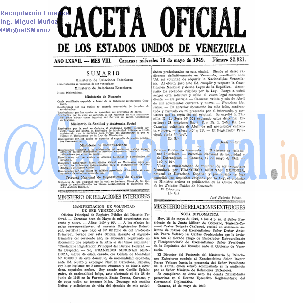 Gaceta Oficial 22921 del 18 Mayo 1949