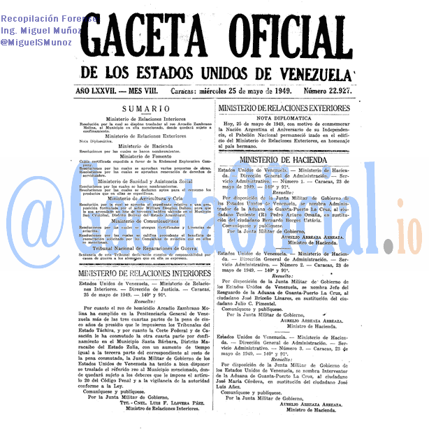 Gaceta Oficial 22927 del 25 Mayo 1949