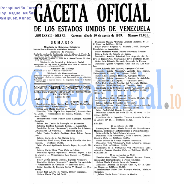 Gaceta Oficial 23001 del 20 Agosto 1949