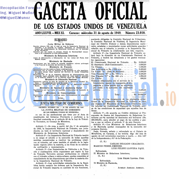Gaceta Oficial 23010 del 31 Agosto 1949