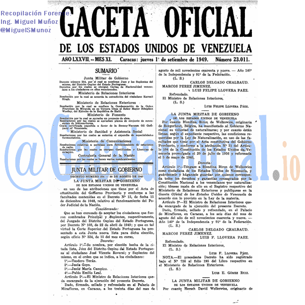 Gaceta Oficial 23011 del 1 Septiembre 1949