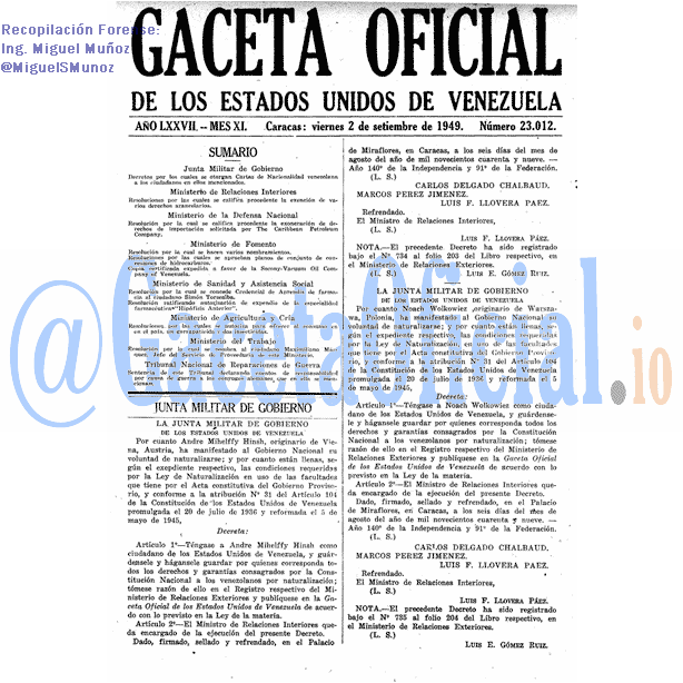 Gaceta Oficial 23012 del 2 Septiembre 1949