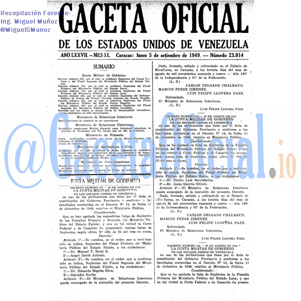 Gaceta Oficial 23014 del 5 Septiembre 1949