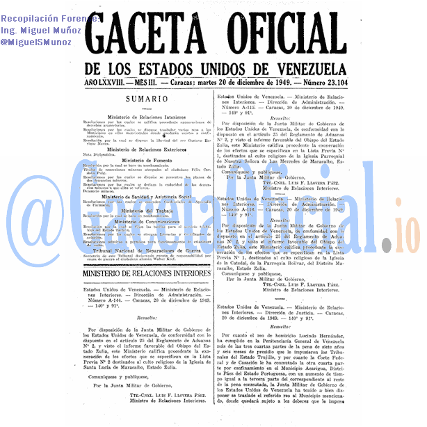 Gaceta Oficial 23104 del 20 Diciembre 1949