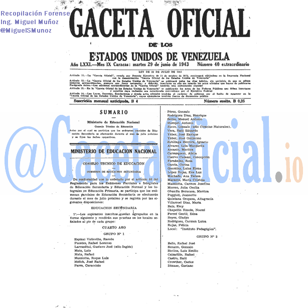 Gaceta Oficial 40 del 29 Junio 1943